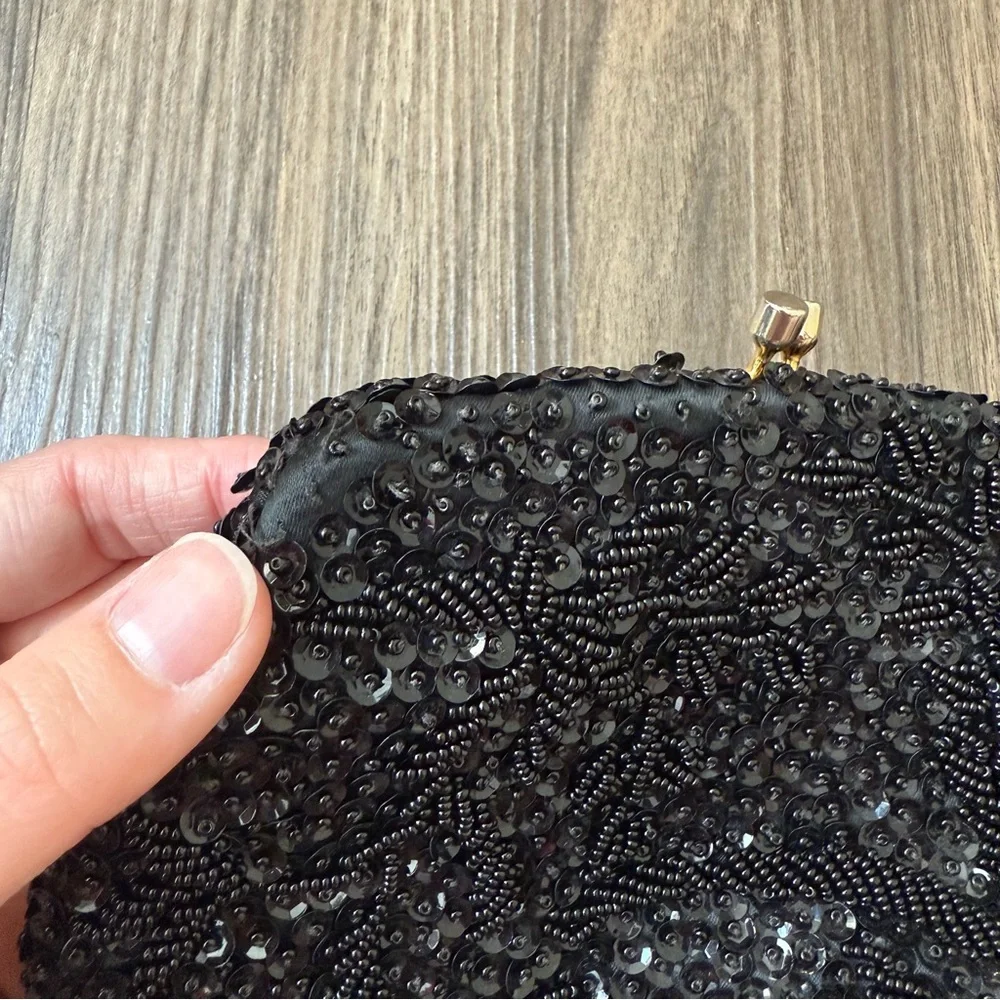 VTG Handmade Black Beaded Clutch‎ Made in British Hong Kong *READ*